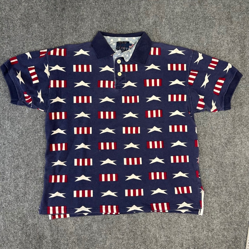 Vintage Old Glory Mens Americana Stars and Stripes Polo Shirt Blue Red White